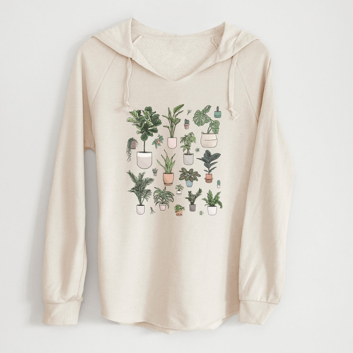 Bone cream women's Cali Wave hooded sweatshirt laid flat, printed with a full-color collection of potted houseplants in different pots.