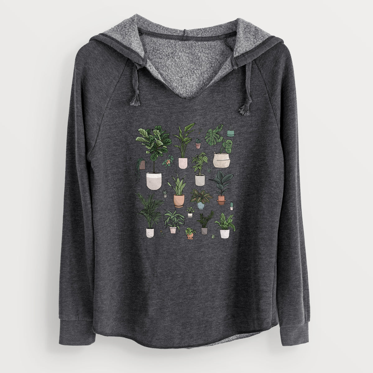 Charcoal grey women's Cali Wave hooded sweatshirt laid flat, printed with a full-color collection of potted houseplants in different pots.