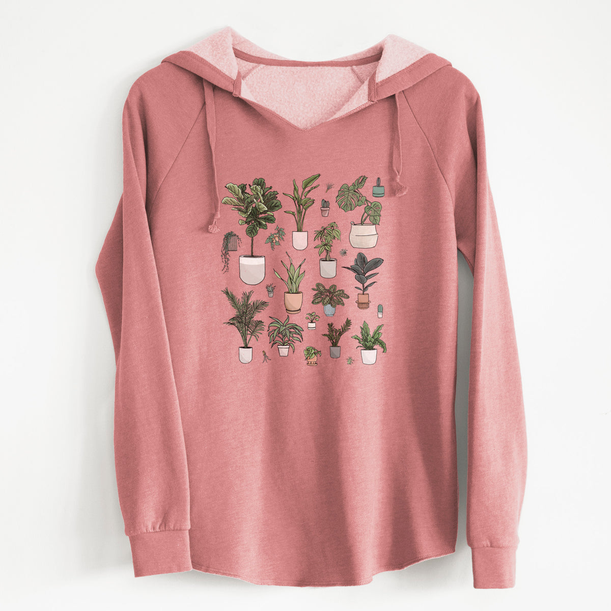 Dusty rose women's Cali Wave hooded sweatshirt laid flat, printed with a full-color collection of potted houseplants in different pots.