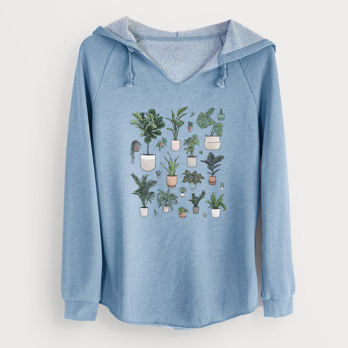 Misty blue women's Cali Wave hooded sweatshirt laid flat, printed with a full-color collection of potted houseplants in different pots.