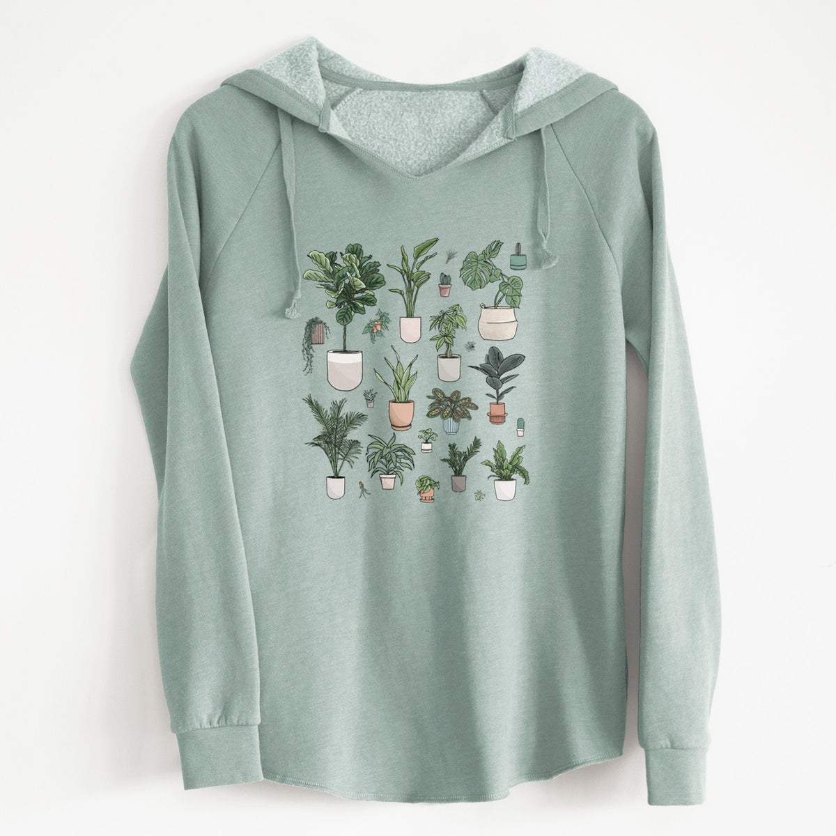 Sage green women's Cali Wave hooded sweatshirt laid flat, printed with a full-color collection of potted houseplants in different pots.
