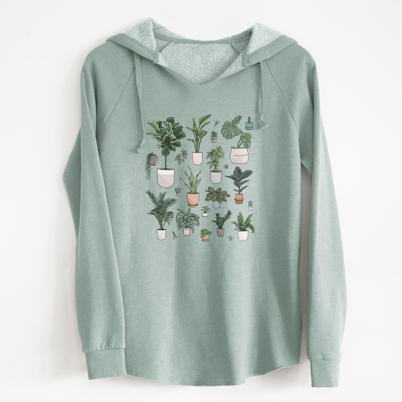 Sage green women's Cali Wave hooded sweatshirt laid flat, printed with a full-color collection of potted houseplants in different pots.
