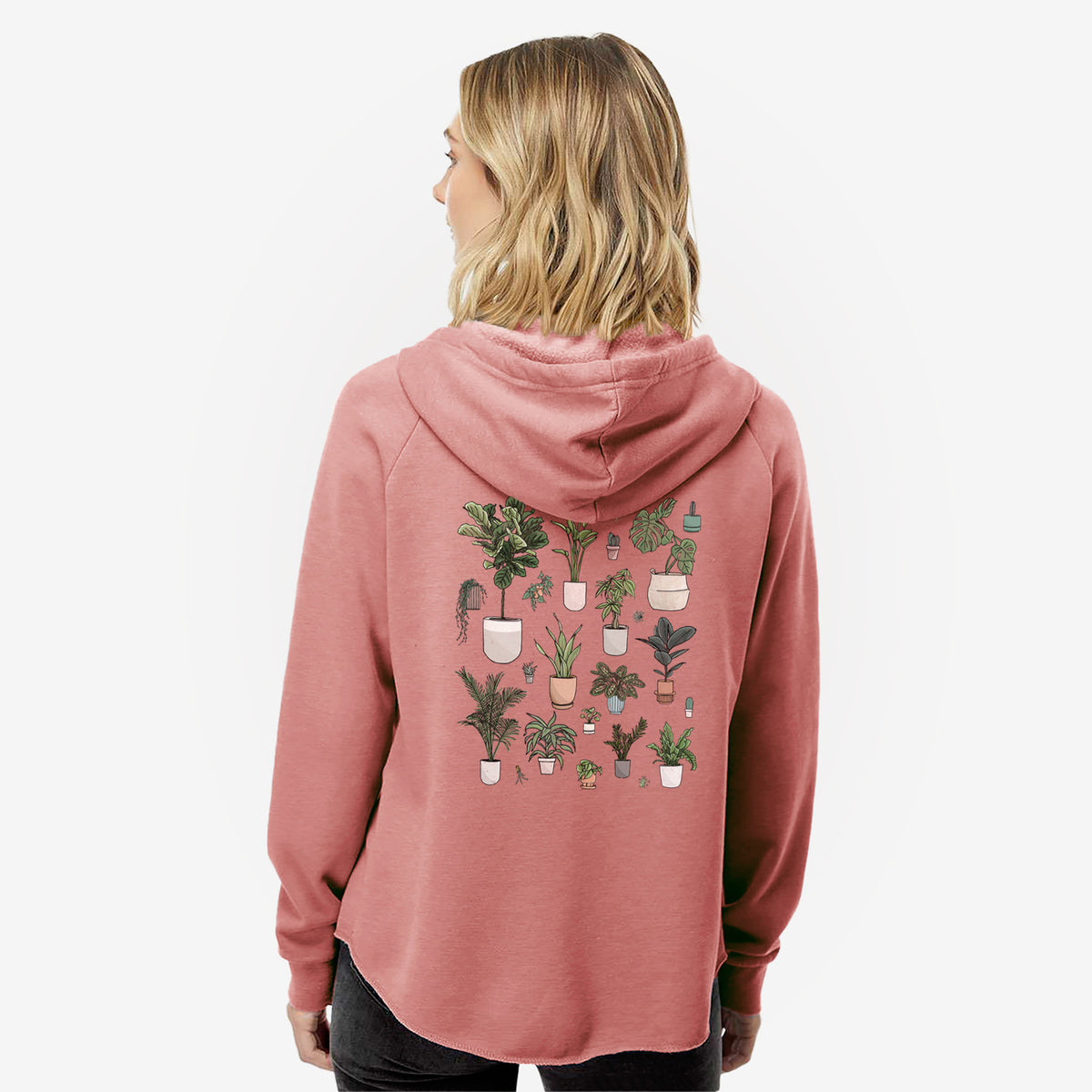Woman wearing a dusty rose women's Cali Wave zip-up sweatshirt printed with a full-color collection of potted houseplants in different pots, seen from behind.
