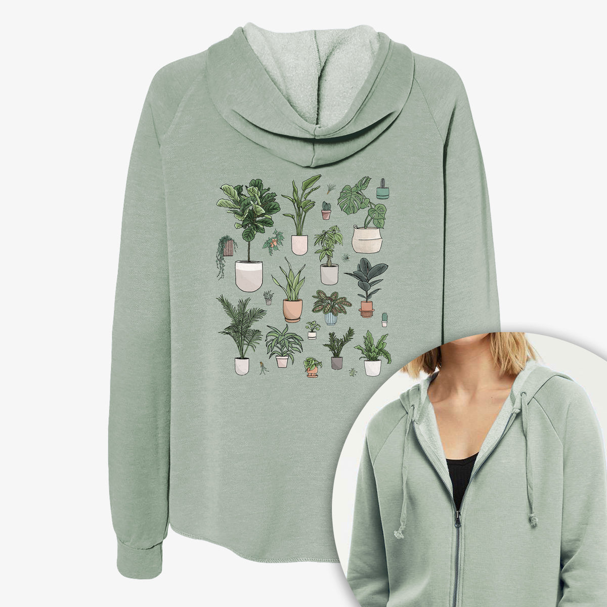 Women's Cali Wave zip-up sweatshirt printed with a full-color collection of potted houseplants in different pots, with a close-up of the zipper.