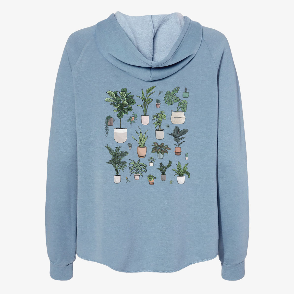 Misty blue women's Cali Wave zip-up sweatshirt laid flat, printed with a full-color collection of potted houseplants in different pots.