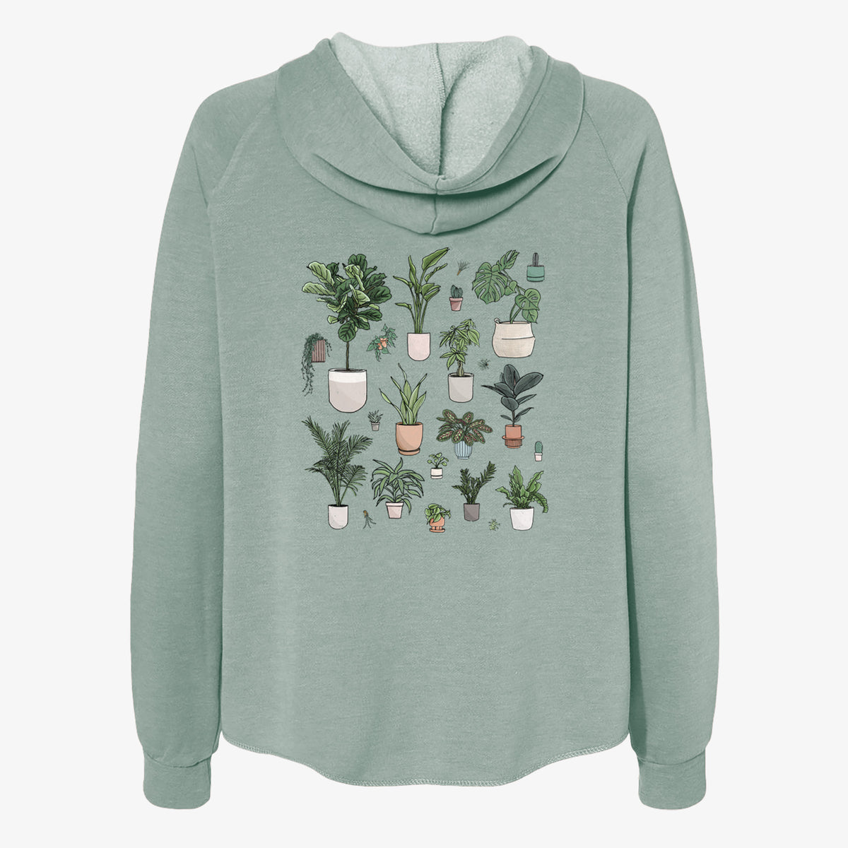 Sage green women's Cali Wave zip-up sweatshirt laid flat, printed with a full-color collection of potted houseplants in different pots.