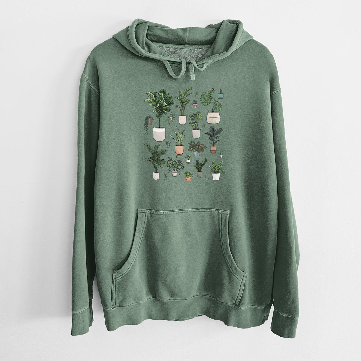 Alpine green pigment dyed hoodie laid flat, printed with a full-color collection of potted houseplants in different pots.