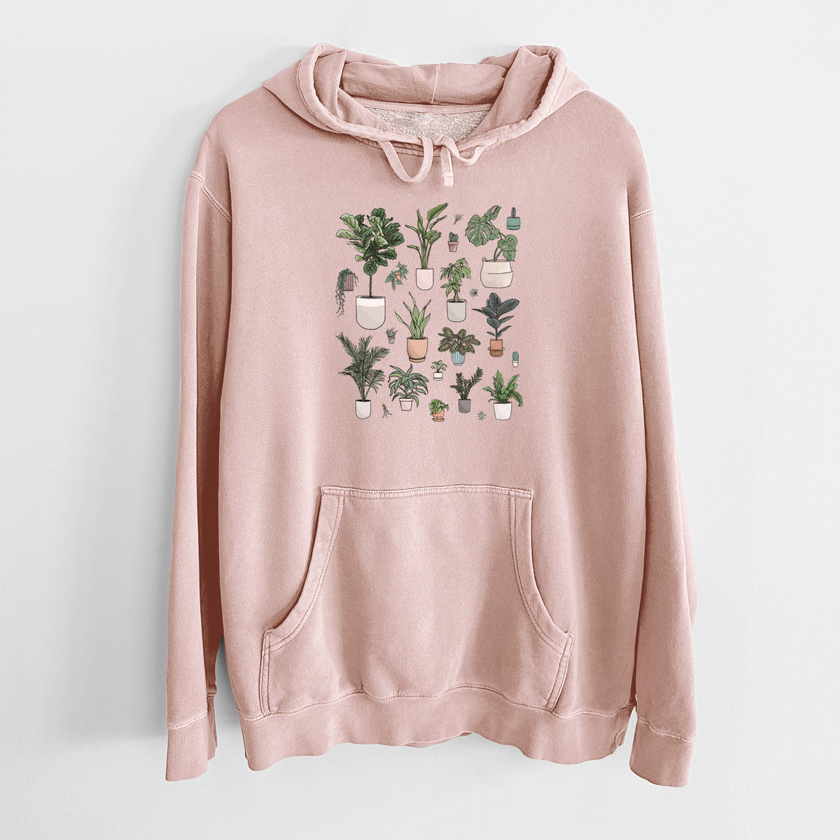 Dusty pink pigment dyed hoodie laid flat, printed with a full-color collection of potted houseplants in different pots.