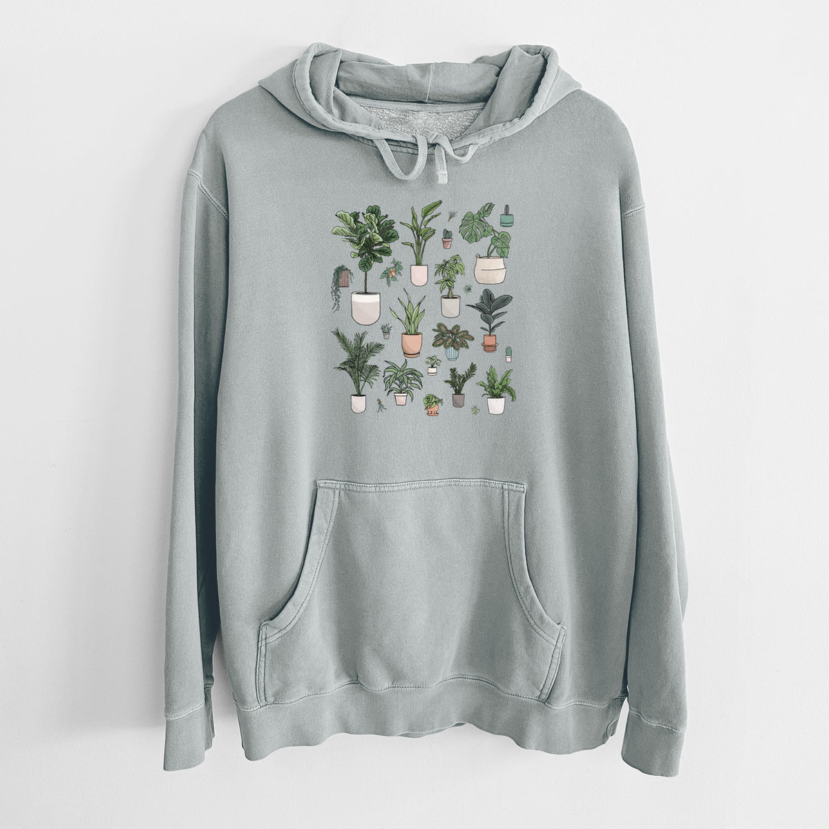 Sage green pigment dyed hoodie laid flat, printed with a full-color collection of potted houseplants in different pots.