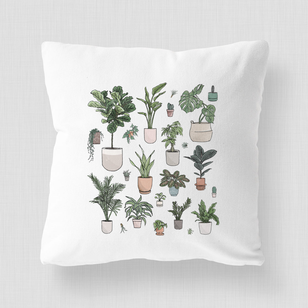 White pillow cover printed with a full-color collection of potted houseplants in different pots.