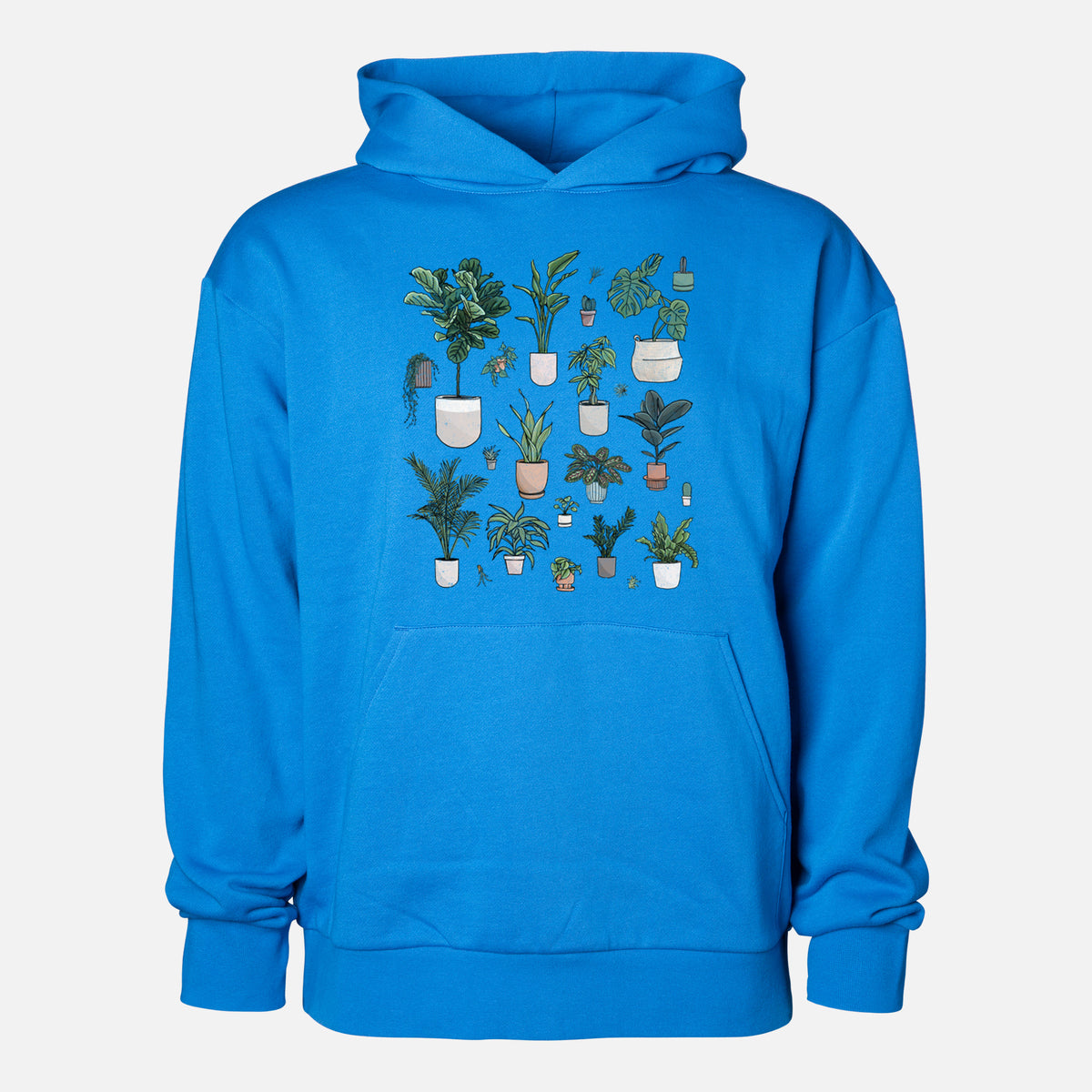 Collection of Houseplants - Statement Midweight Hoodie in Azure Blue, shown from the front with the design printed on the chest above a front kangaroo pocket.