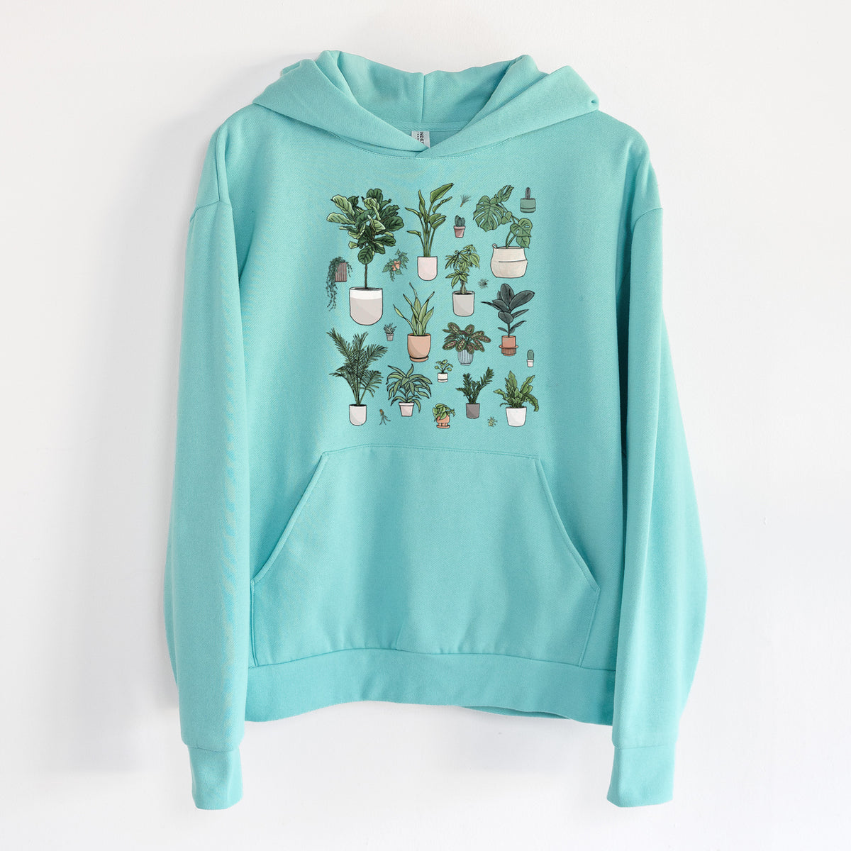 Collection of Houseplants - Statement Midweight Hoodie in Seafoam, hanging on a white wall, with a front kangaroo pocket and no drawcords.