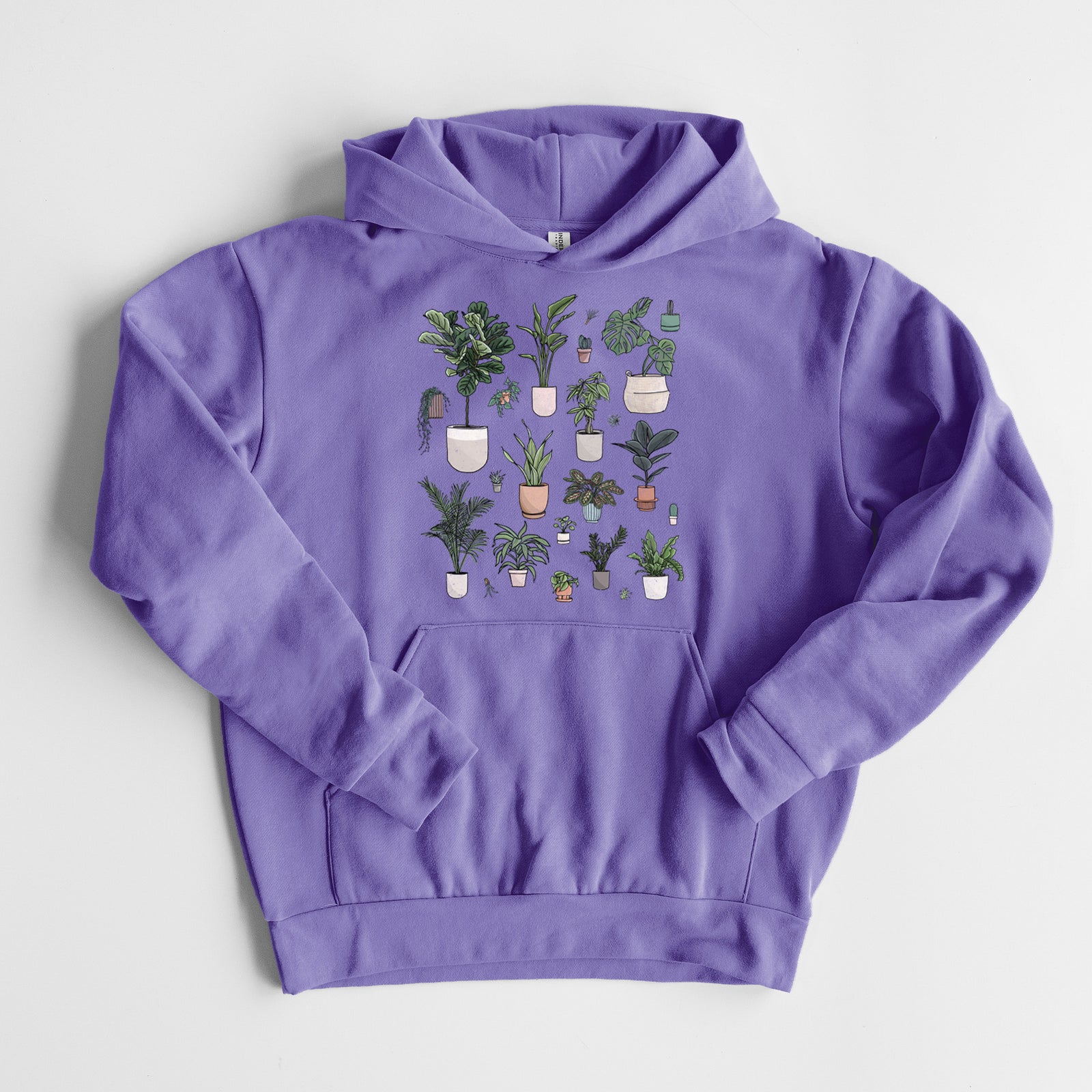 Collection of Houseplants - Statement Midweight Hoodie in Violet, laid flat, showing the oversized boxy fit and front kangaroo pocket.