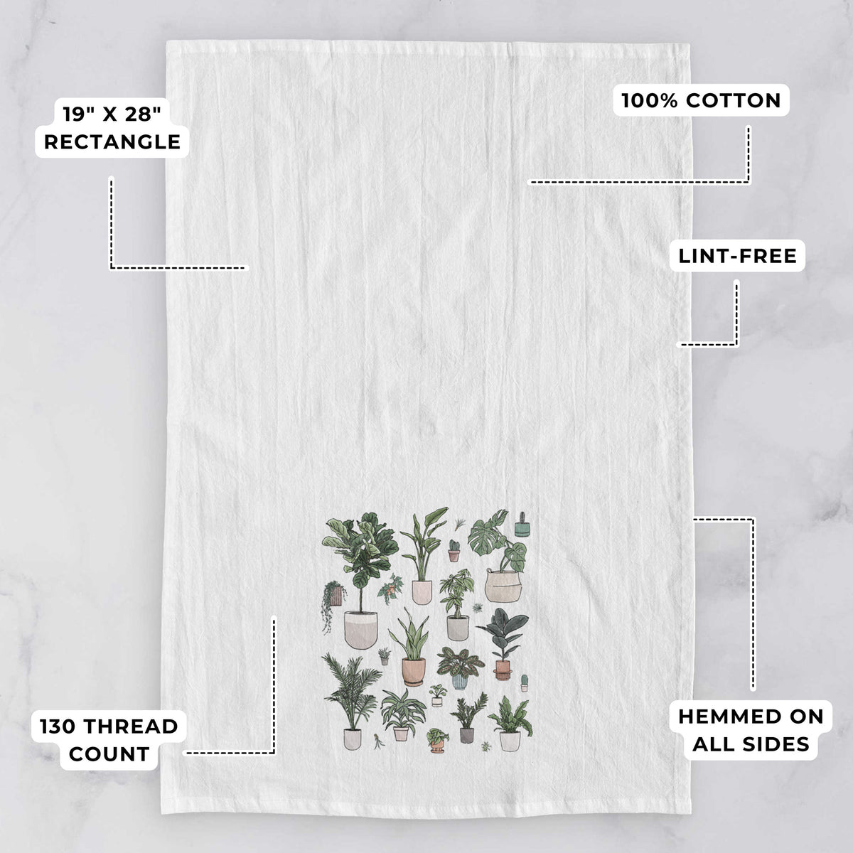 White tea towel printed with a full-color collection of potted houseplants in different pots, with feature labels: 19 by 28 inch rectangle, 100% cotton, lint-free, 130 thread count, hemmed on all sides.