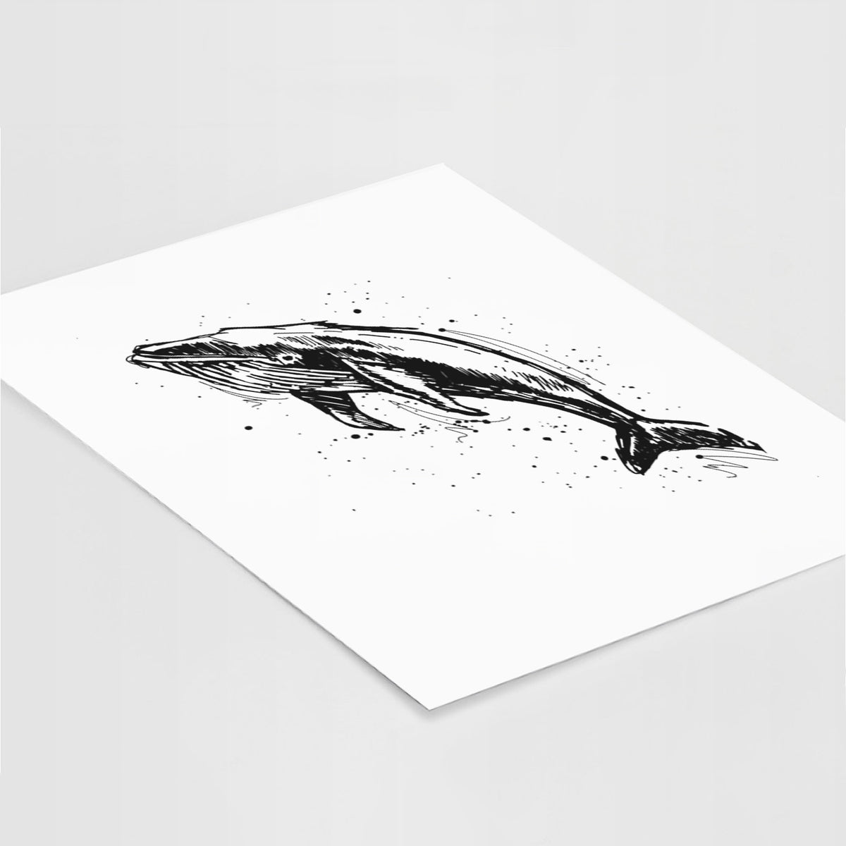 Art print of a black ink illustration of a humpback whale diving, with ink splatters, lying at an angle on a white surface.