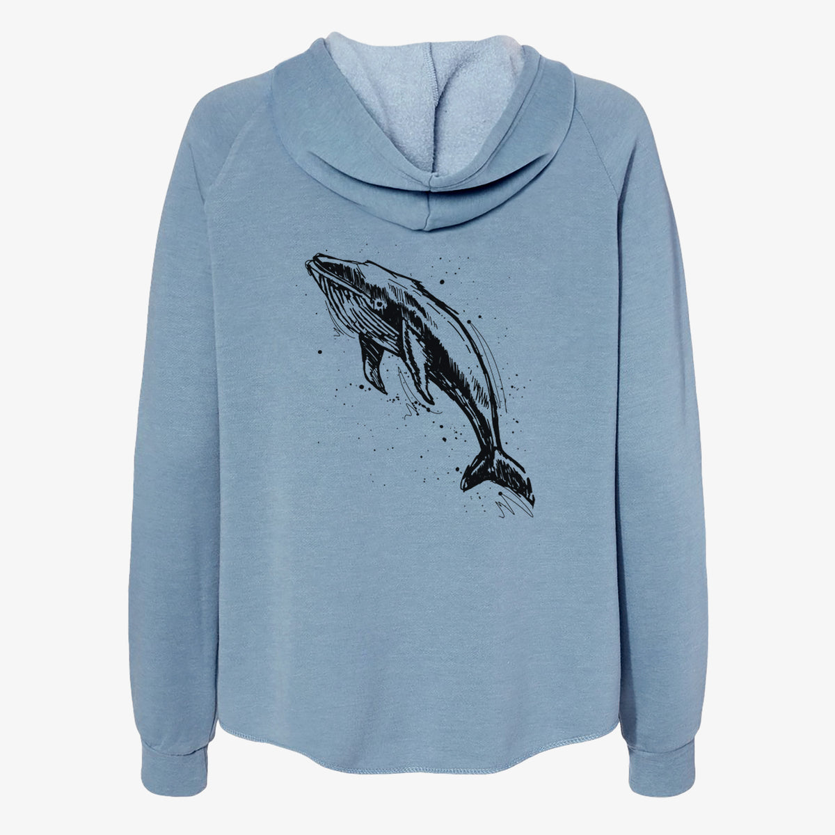 Misty blue women's Cali Wave zip-up sweatshirt laid flat, printed with a black ink illustration of a humpback whale diving, with ink splatters.