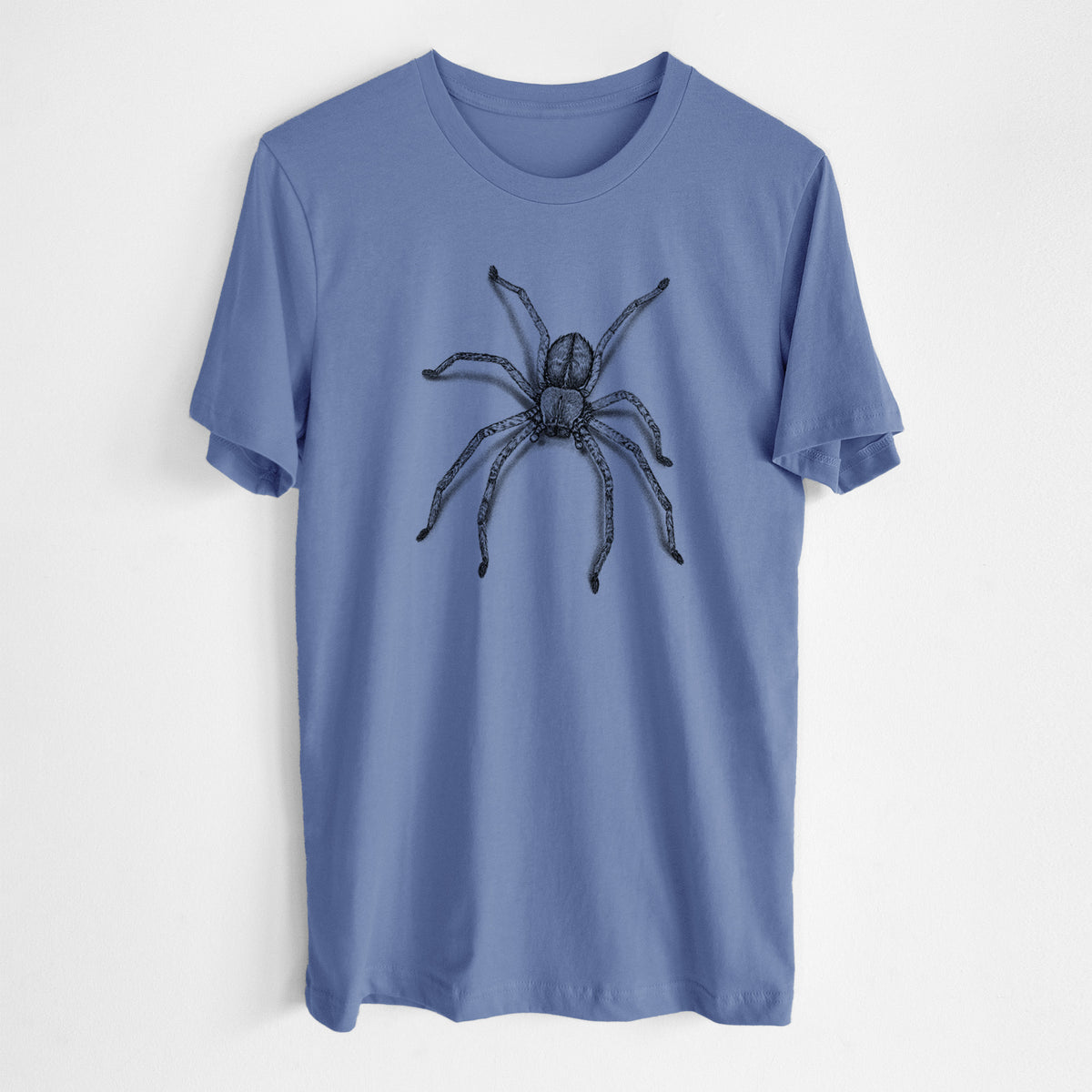 Blue bell lightweight cotton t-shirt laid flat, printed with a detailed black ink illustration of a huntsman spider with long legs spread.