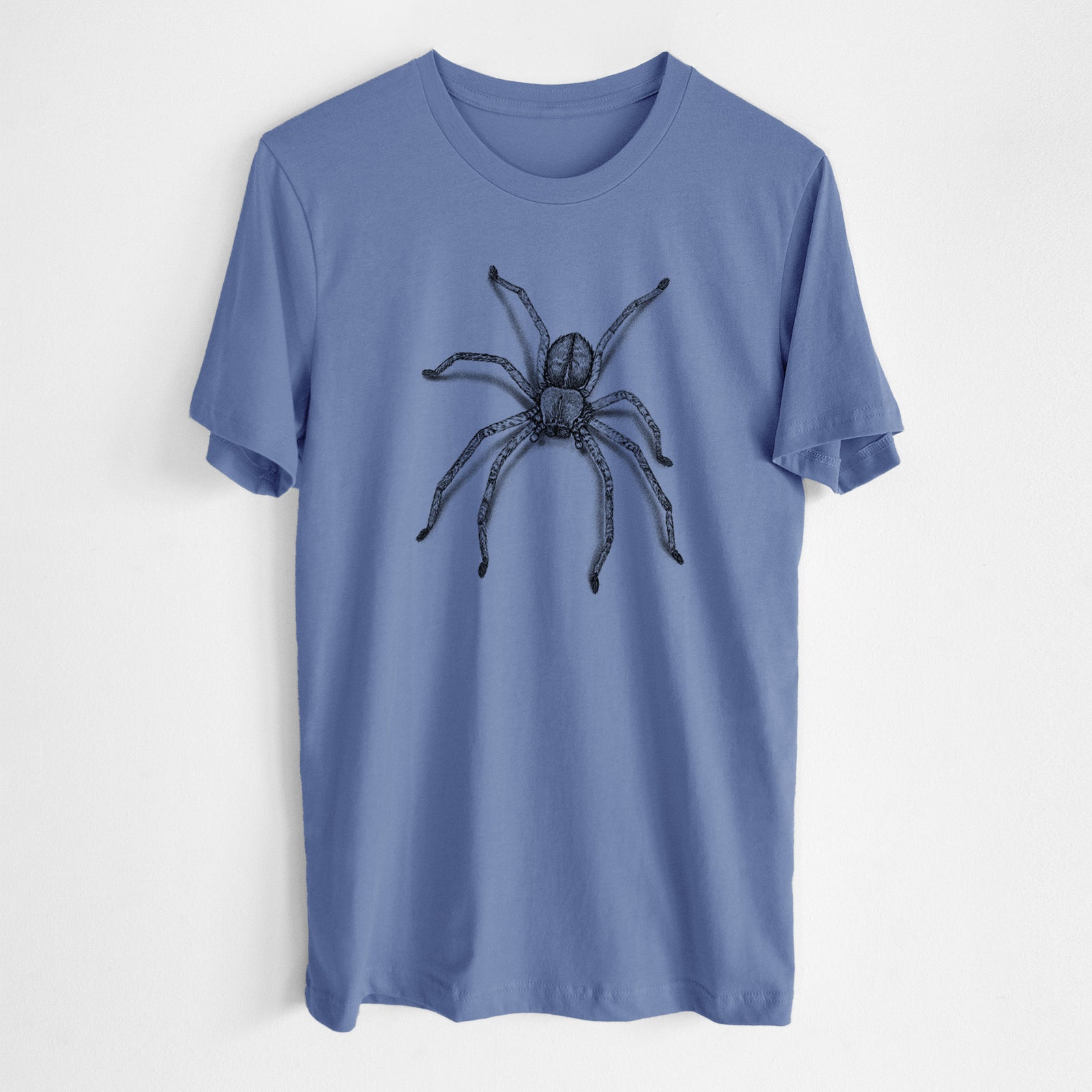 Blue bell lightweight cotton t-shirt laid flat, printed with a detailed black ink illustration of a huntsman spider with long legs spread.