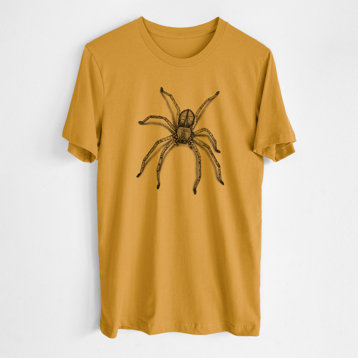 Honeycomb yellow lightweight cotton t-shirt laid flat, printed with a detailed black ink illustration of a huntsman spider with long legs spread.