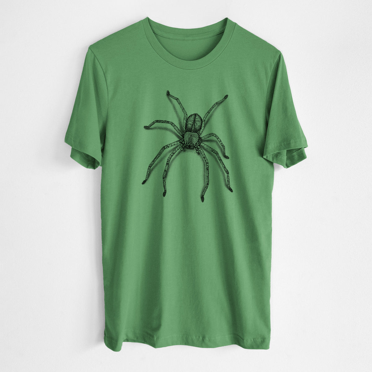 Leaf green lightweight cotton t-shirt laid flat, printed with a detailed black ink illustration of a huntsman spider with long legs spread.