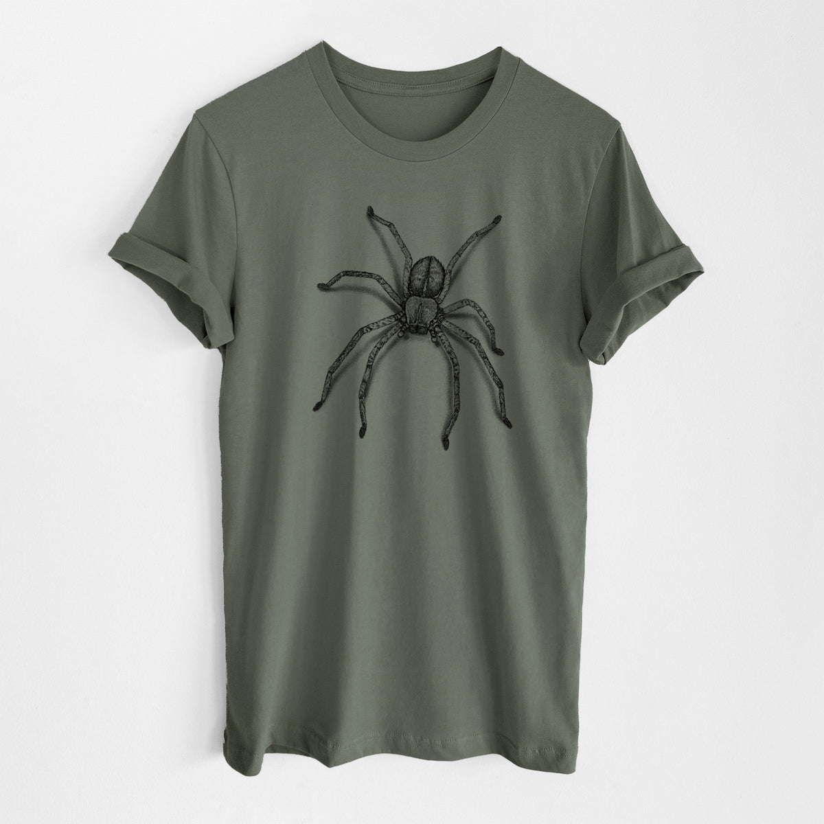 Military green lightweight cotton t-shirt laid flat, printed with a detailed black ink illustration of a huntsman spider with long legs spread.