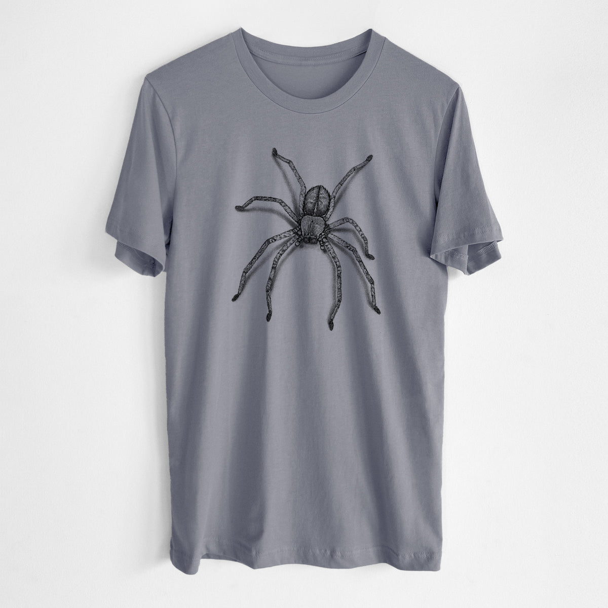 Storm grey lightweight cotton t-shirt laid flat, printed with a detailed black ink illustration of a huntsman spider with long legs spread.