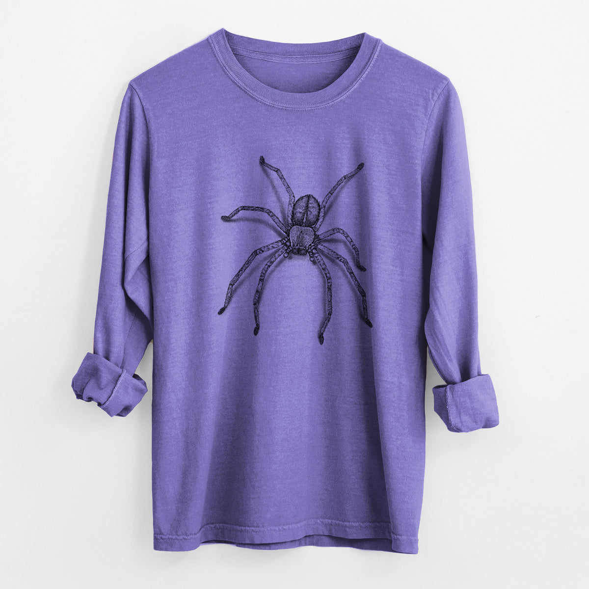 Violet purple Comfort Colors long sleeve shirt laid flat with the cuffs rolled, printed with a detailed black ink illustration of a huntsman spider with long legs spread.