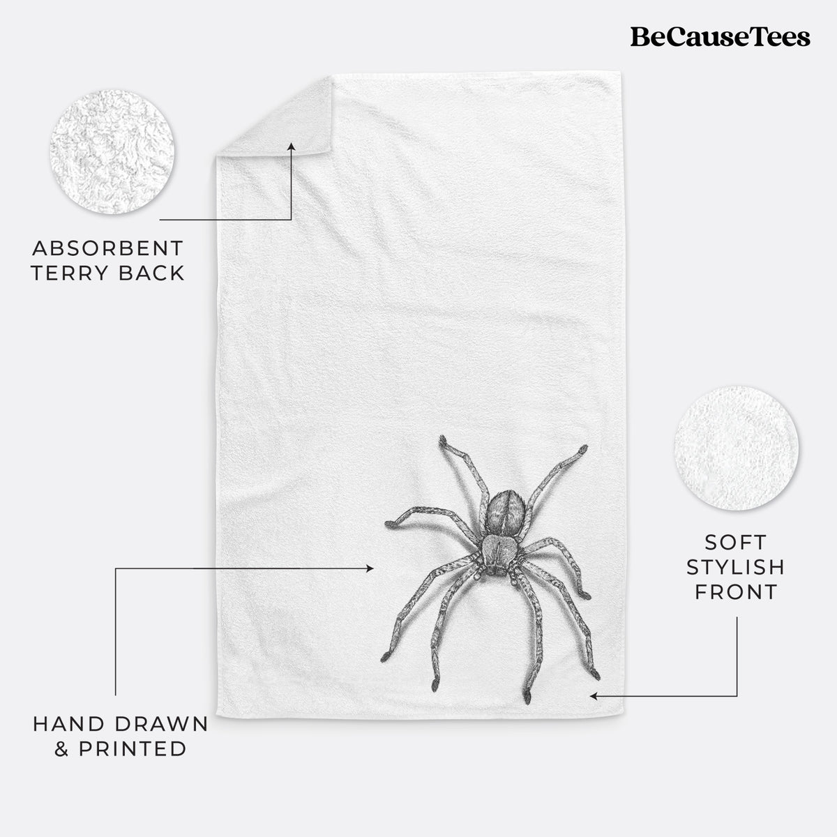 White hand towel printed with a detailed black ink illustration of a huntsman spider with long legs spread.