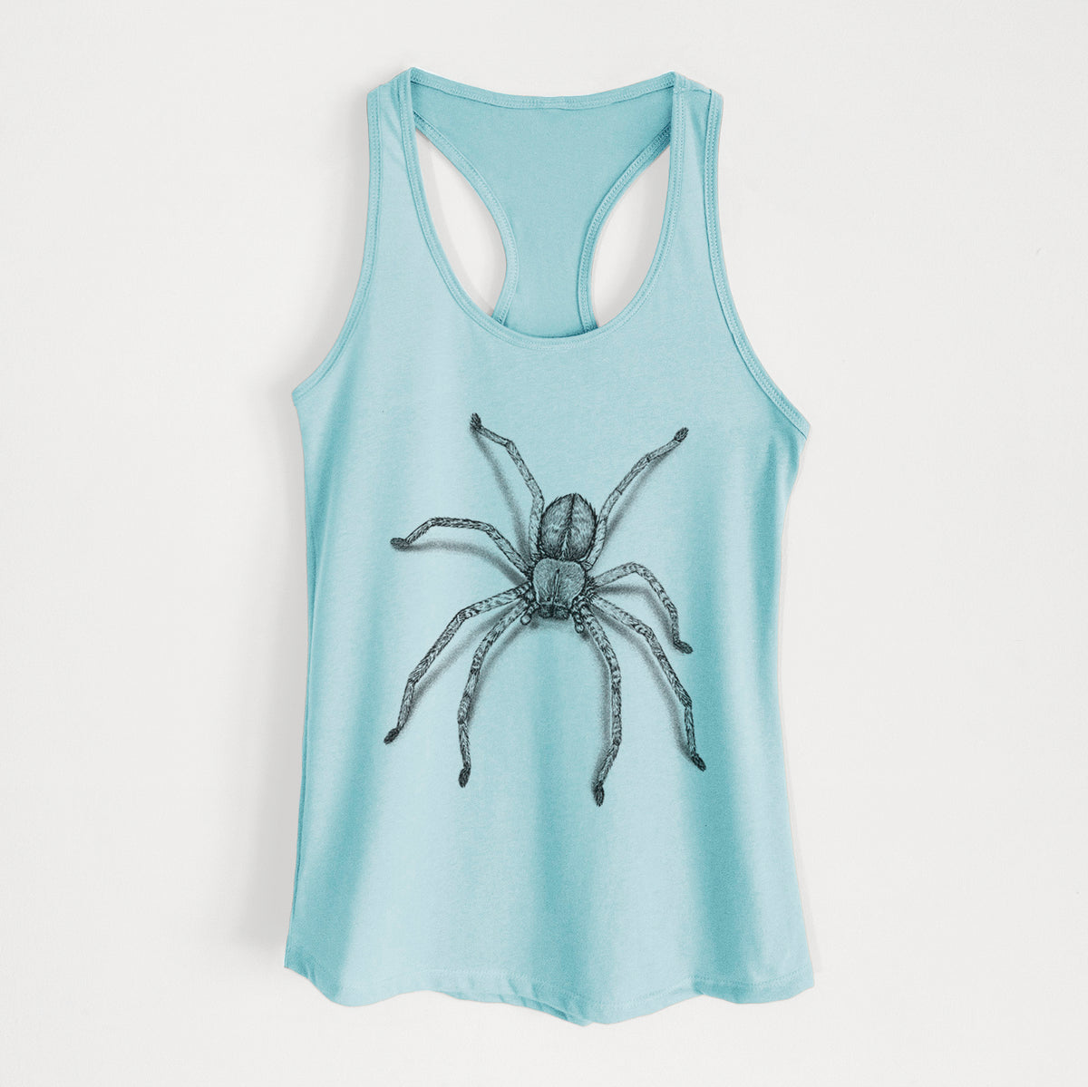 Cancun blue women's racerback tank top laid flat, printed with a detailed black ink illustration of a huntsman spider with long legs spread.