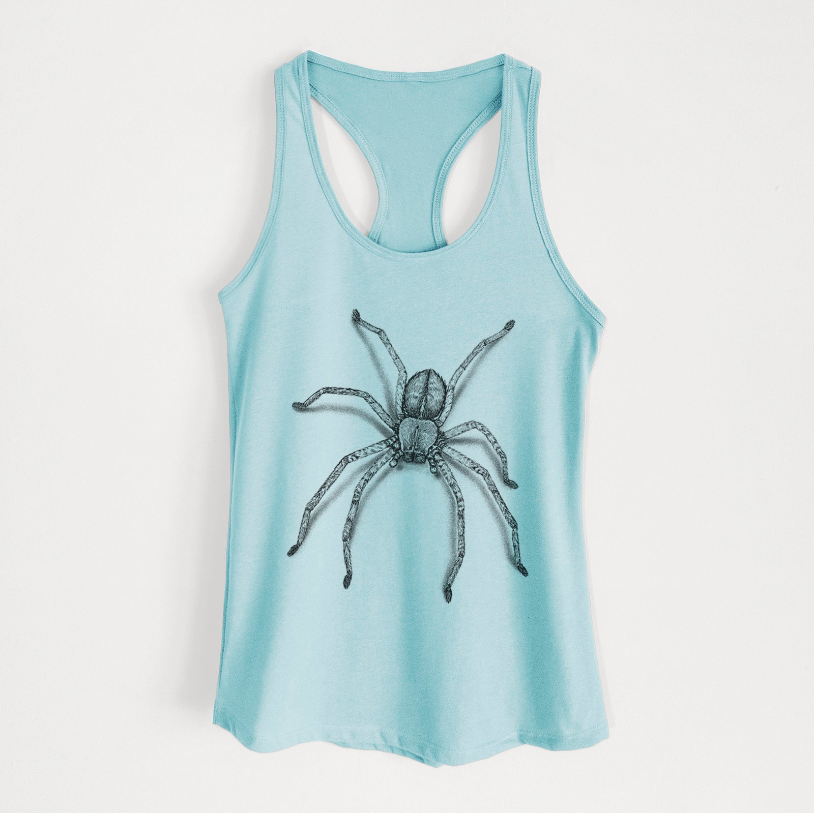 Banana cream women's racerback tank top laid flat, printed with a detailed black ink illustration of a huntsman spider with long legs spread.