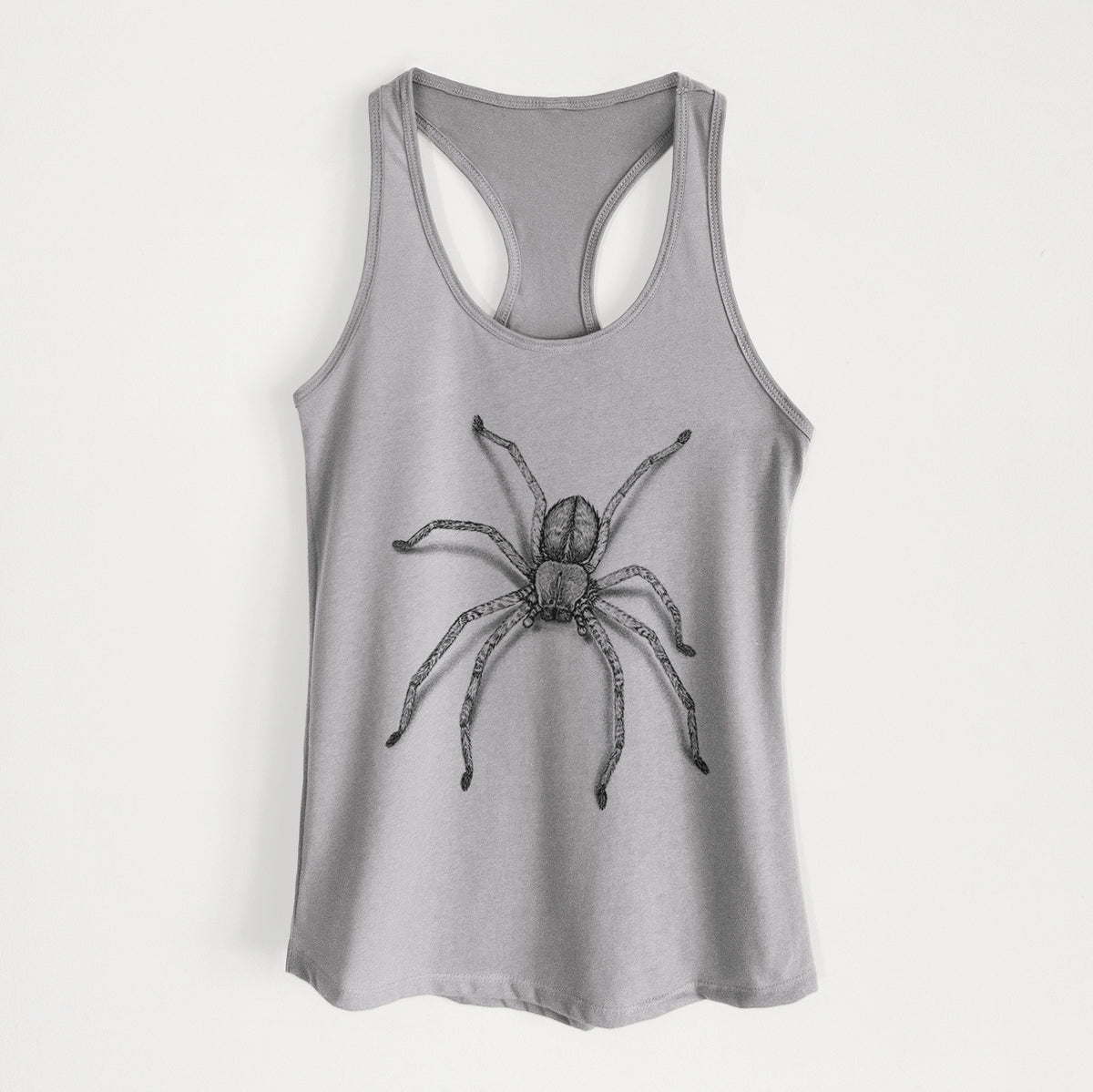 Heather grey women's racerback tank top laid flat, printed with a detailed black ink illustration of a huntsman spider with long legs spread.