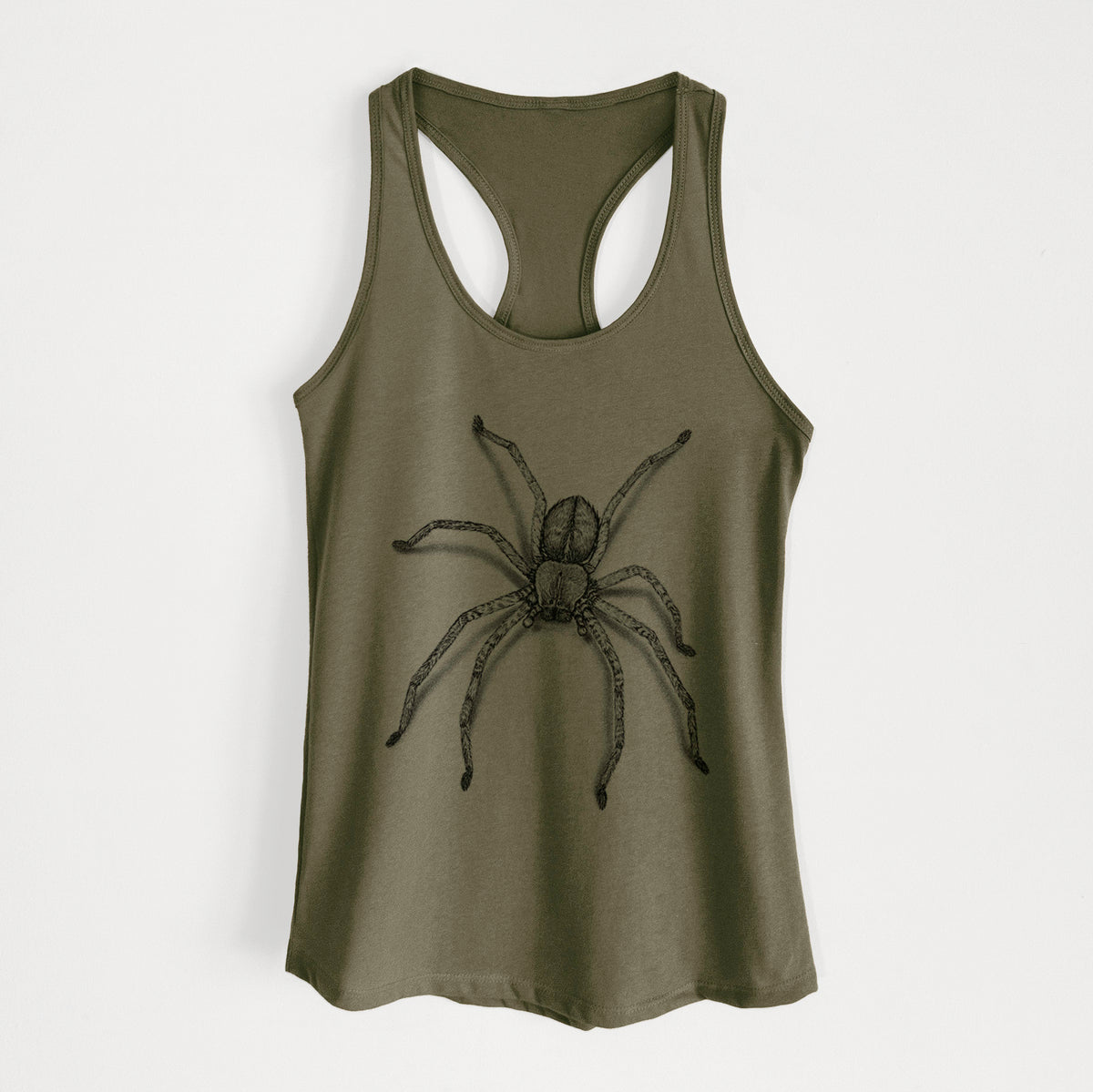 Military green women's racerback tank top laid flat, printed with a detailed black ink illustration of a huntsman spider with long legs spread.