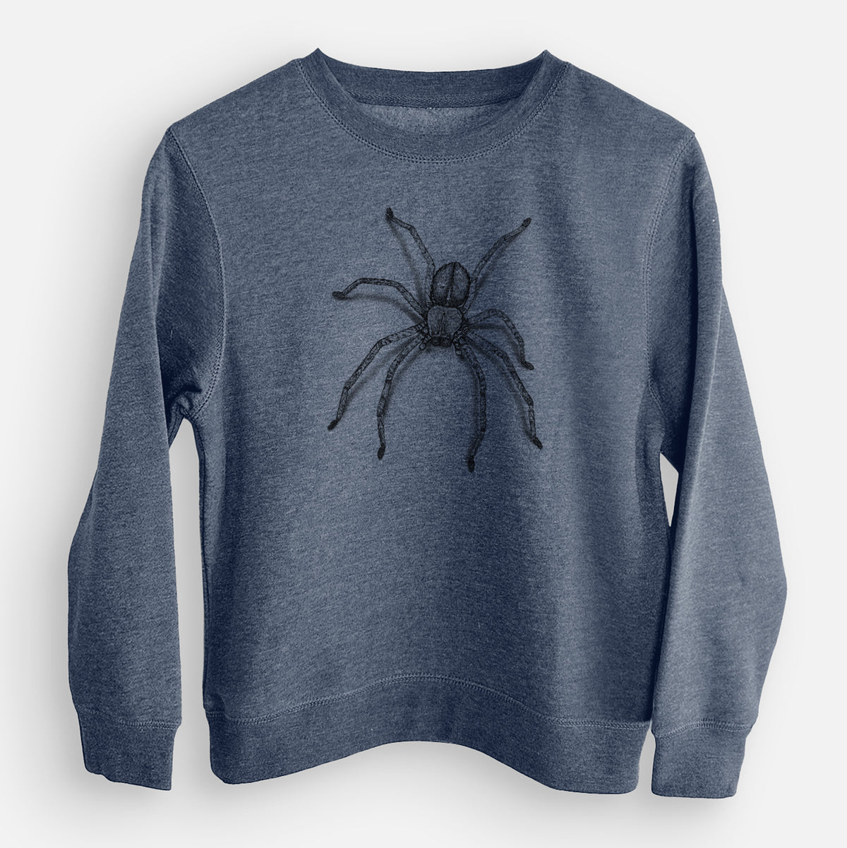 Storm blue youth crewneck sweatshirt laid flat, printed with a detailed black ink illustration of a huntsman spider with long legs spread.