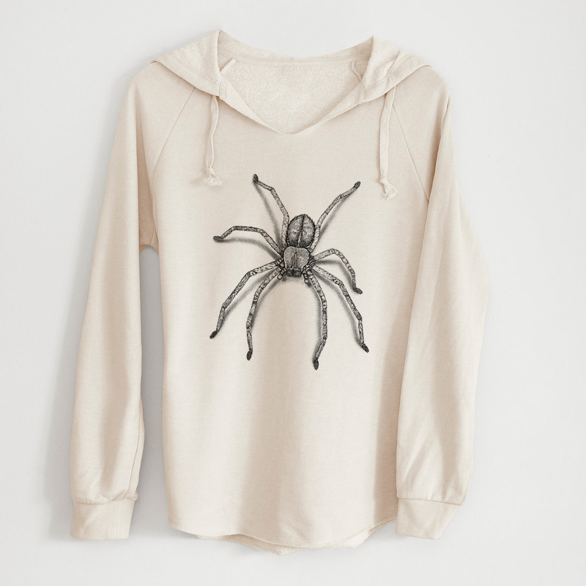 Bone cream women's Cali Wave hooded sweatshirt laid flat, printed with a detailed black ink illustration of a huntsman spider with long legs spread.