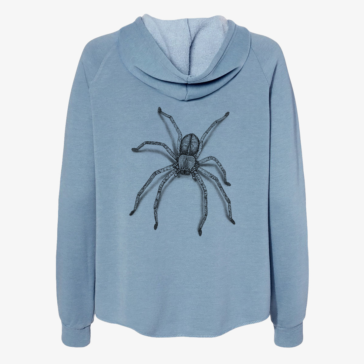 Misty blue women's Cali Wave zip-up sweatshirt laid flat, printed with a detailed black ink illustration of a huntsman spider with long legs spread.