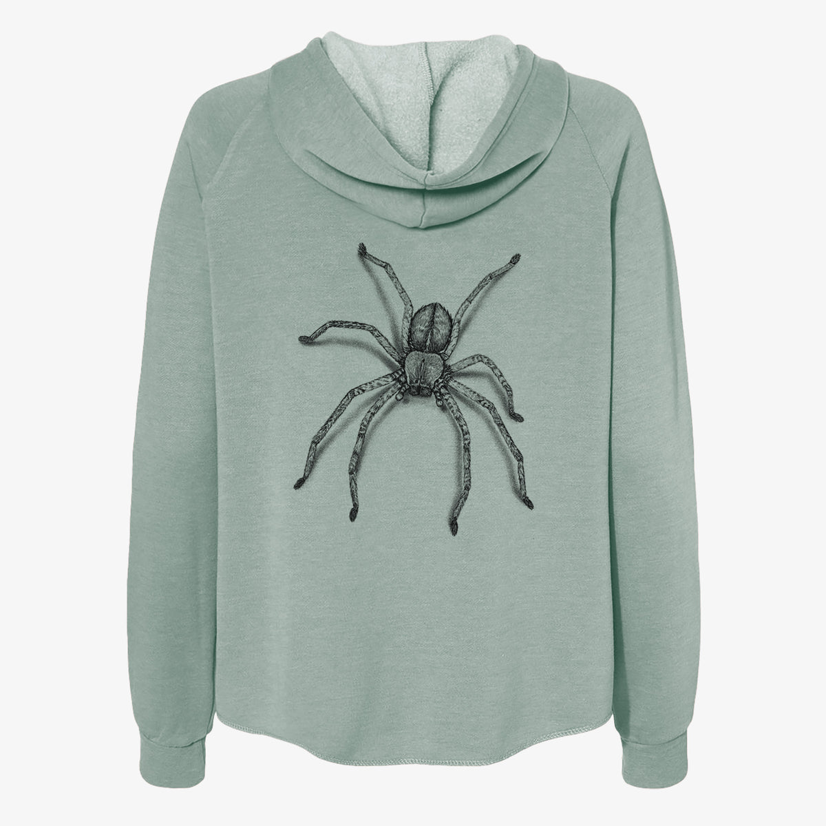Sage green women's Cali Wave zip-up sweatshirt laid flat, printed with a detailed black ink illustration of a huntsman spider with long legs spread.
