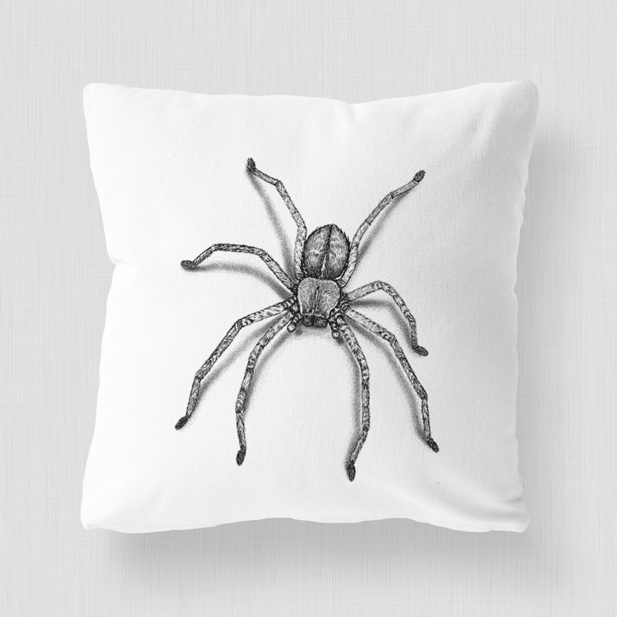 White pillow cover printed with a detailed black ink illustration of a huntsman spider with long legs spread.