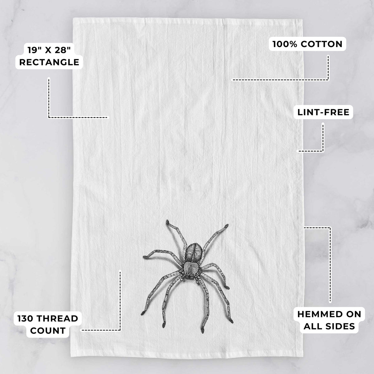 White tea towel printed with a detailed black ink illustration of a huntsman spider with long legs spread, with feature labels: 19 by 28 inch rectangle, 100% cotton, lint-free, 130 thread count, hemmed on all sides.