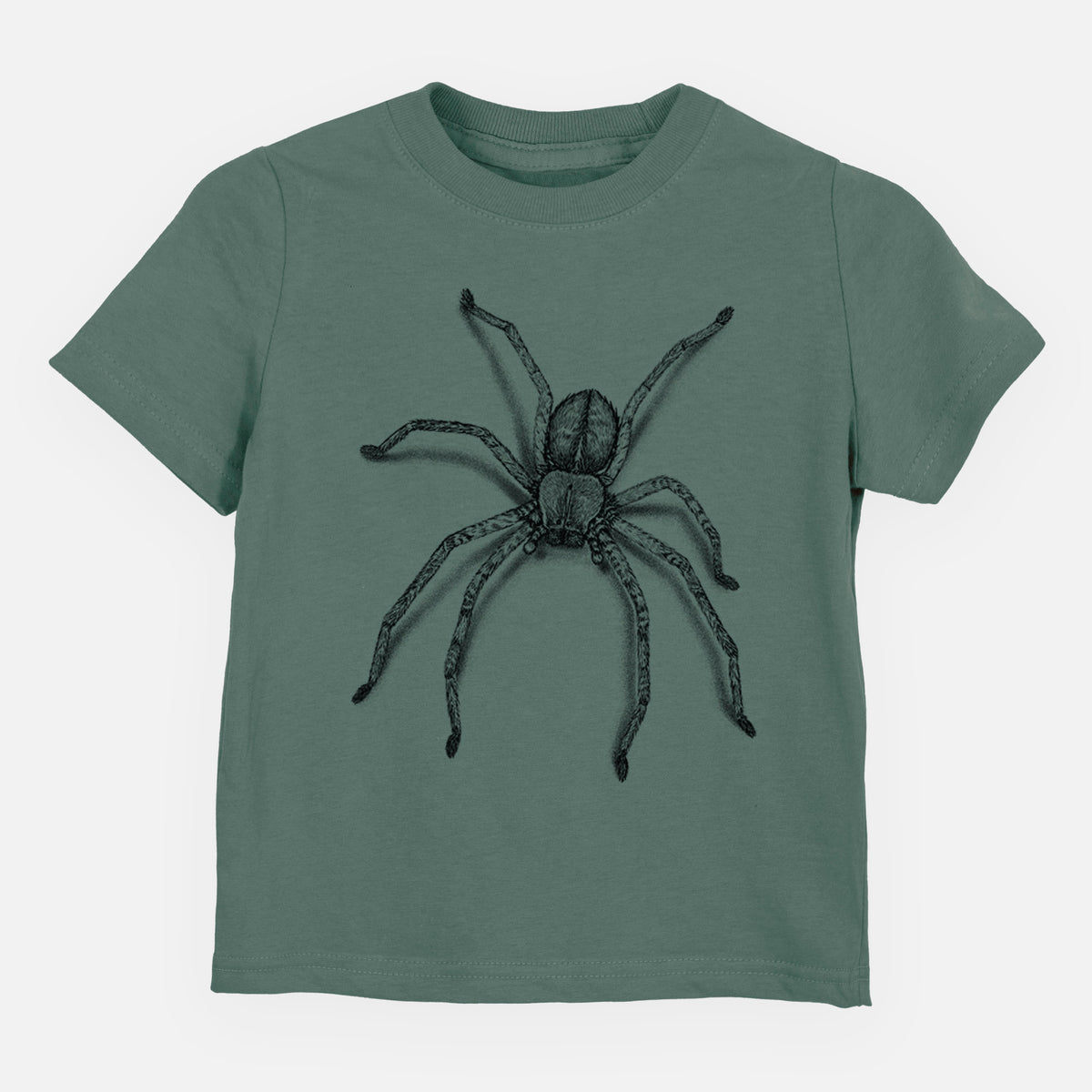 Basil green toddler t-shirt laid flat, printed with a detailed black ink illustration of a huntsman spider with long legs spread.