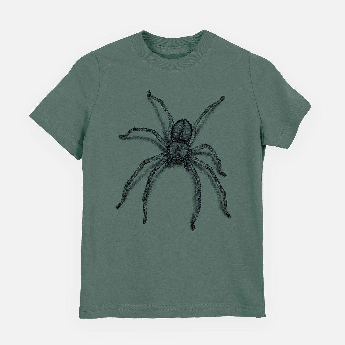 Basil green youth t-shirt laid flat, printed with a detailed black ink illustration of a huntsman spider with long legs spread.