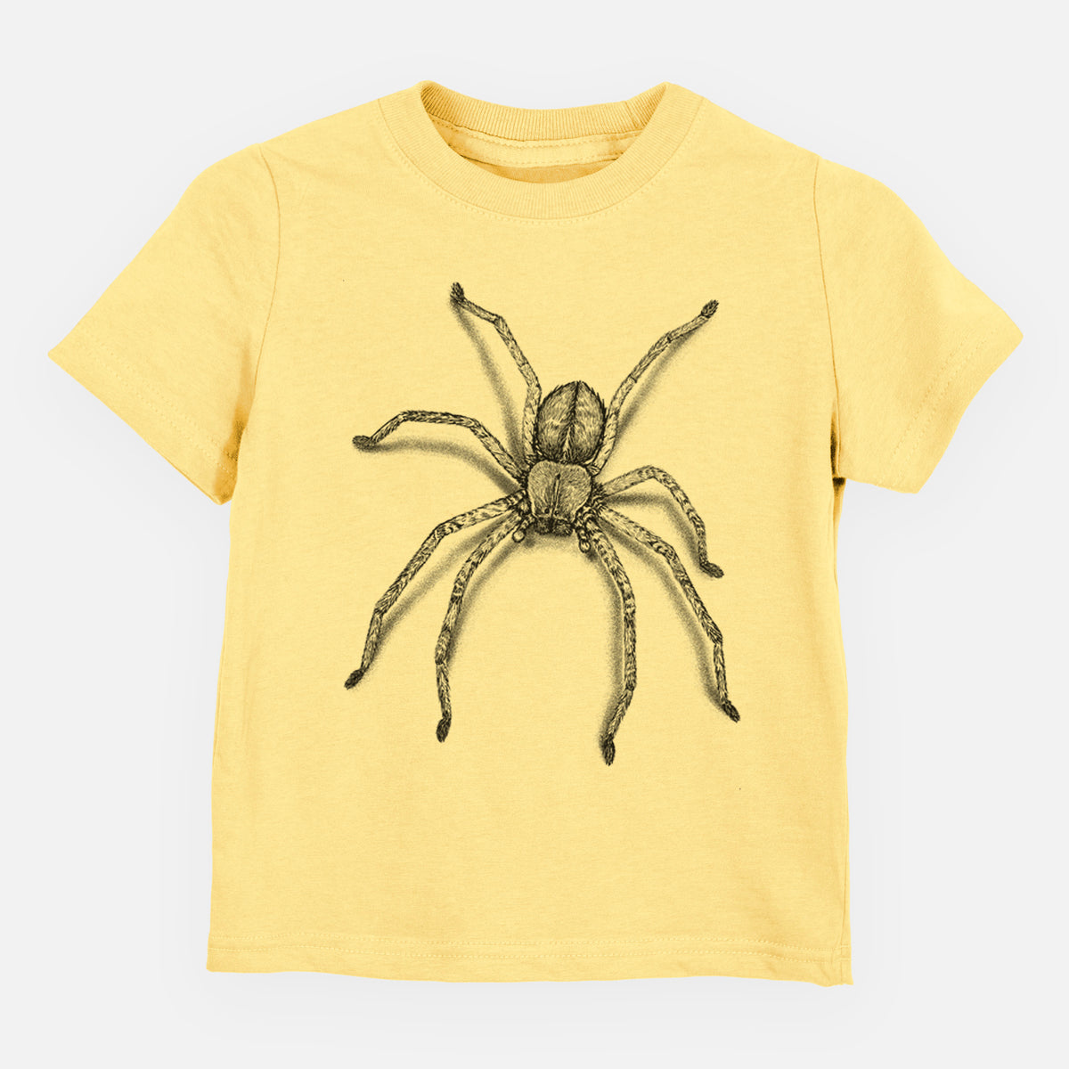 Butter yellow toddler t-shirt laid flat, printed with a detailed black ink illustration of a huntsman spider with long legs spread.