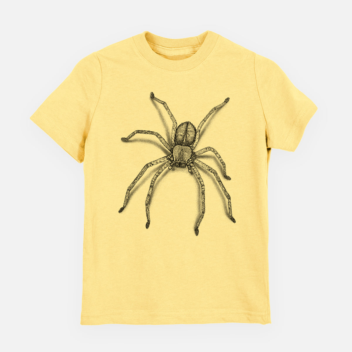 Butter yellow youth t-shirt laid flat, printed with a detailed black ink illustration of a huntsman spider with long legs spread.
