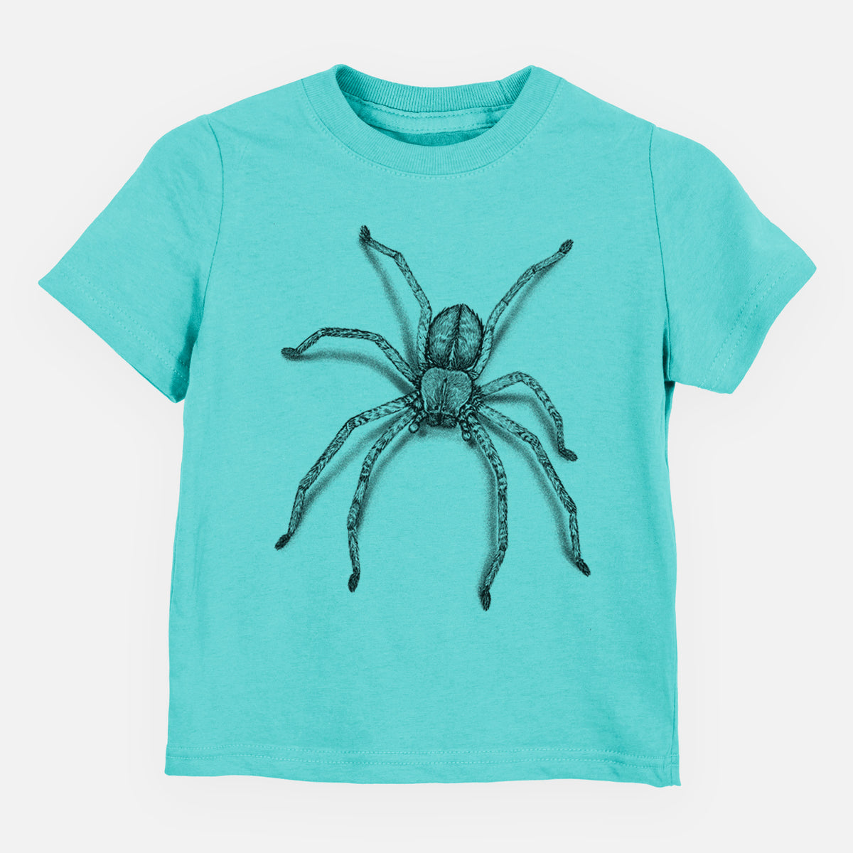 Caribbean blue toddler t-shirt laid flat, printed with a detailed black ink illustration of a huntsman spider with long legs spread.