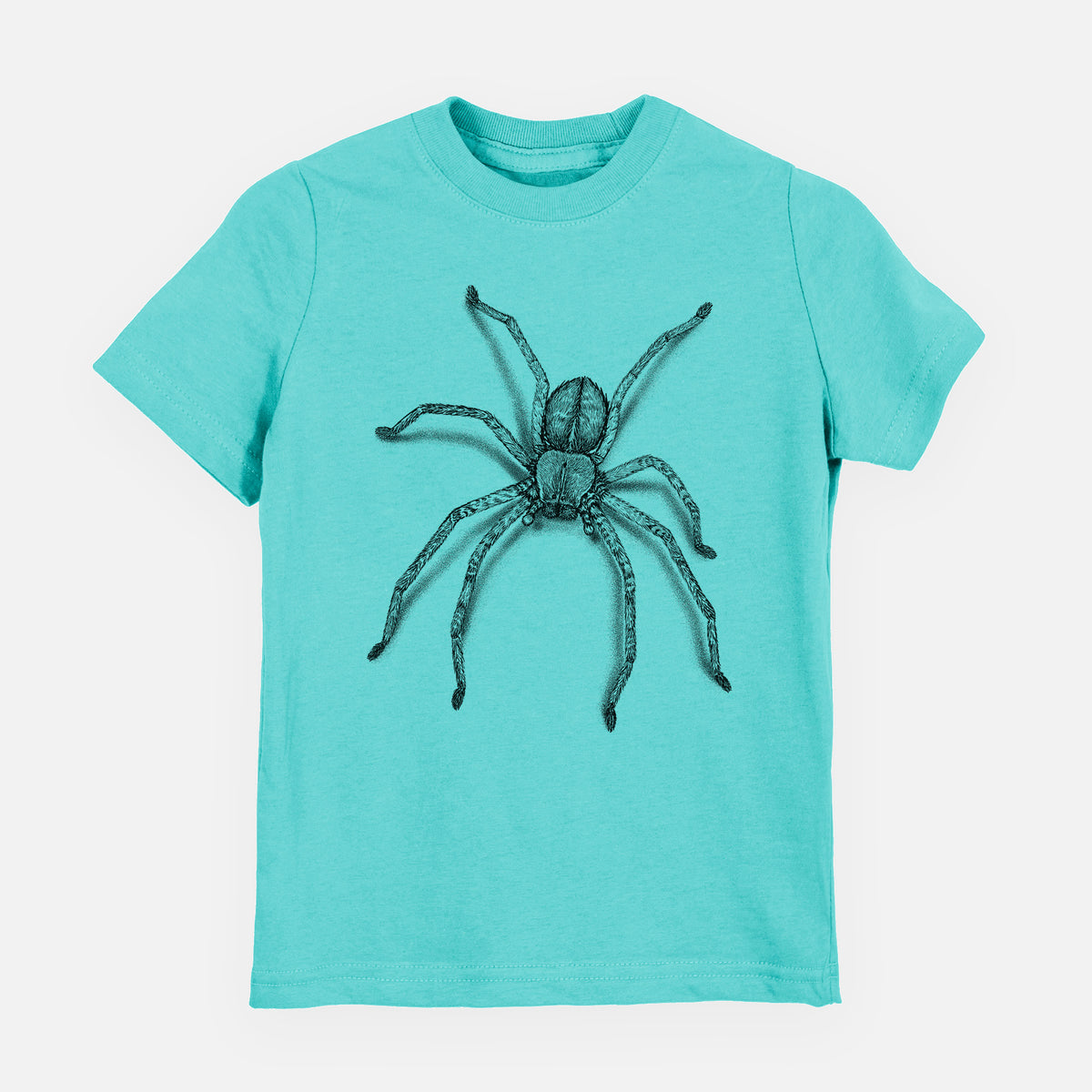 Caribbean blue youth t-shirt laid flat, printed with a detailed black ink illustration of a huntsman spider with long legs spread.