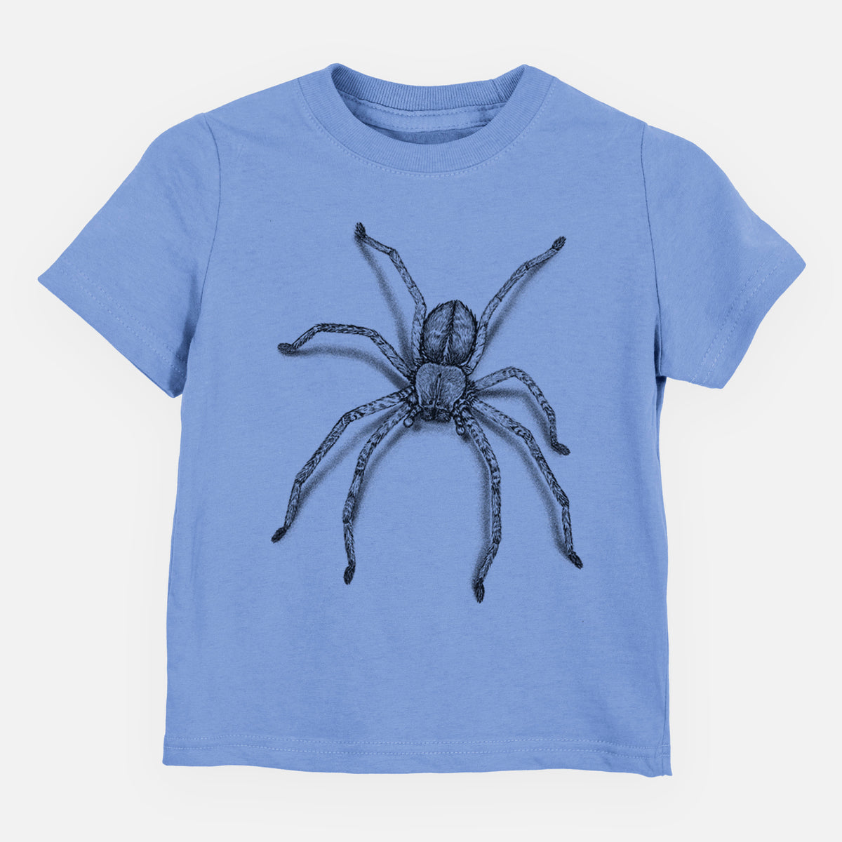 Carolina blue toddler t-shirt laid flat, printed with a detailed black ink illustration of a huntsman spider with long legs spread.