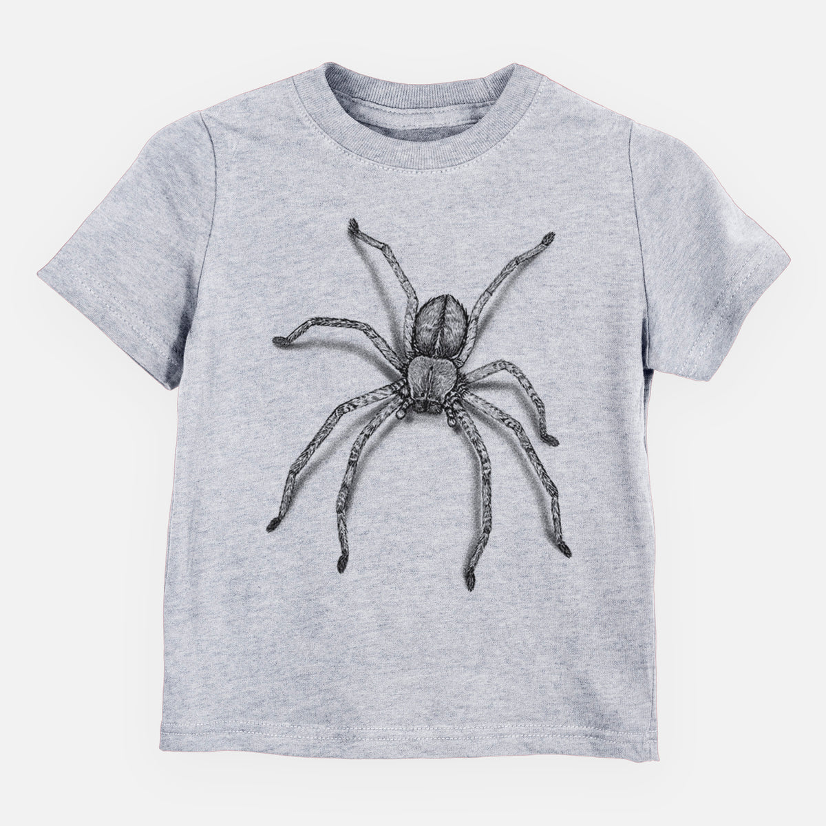 Heather grey toddler t-shirt laid flat, printed with a detailed black ink illustration of a huntsman spider with long legs spread.
