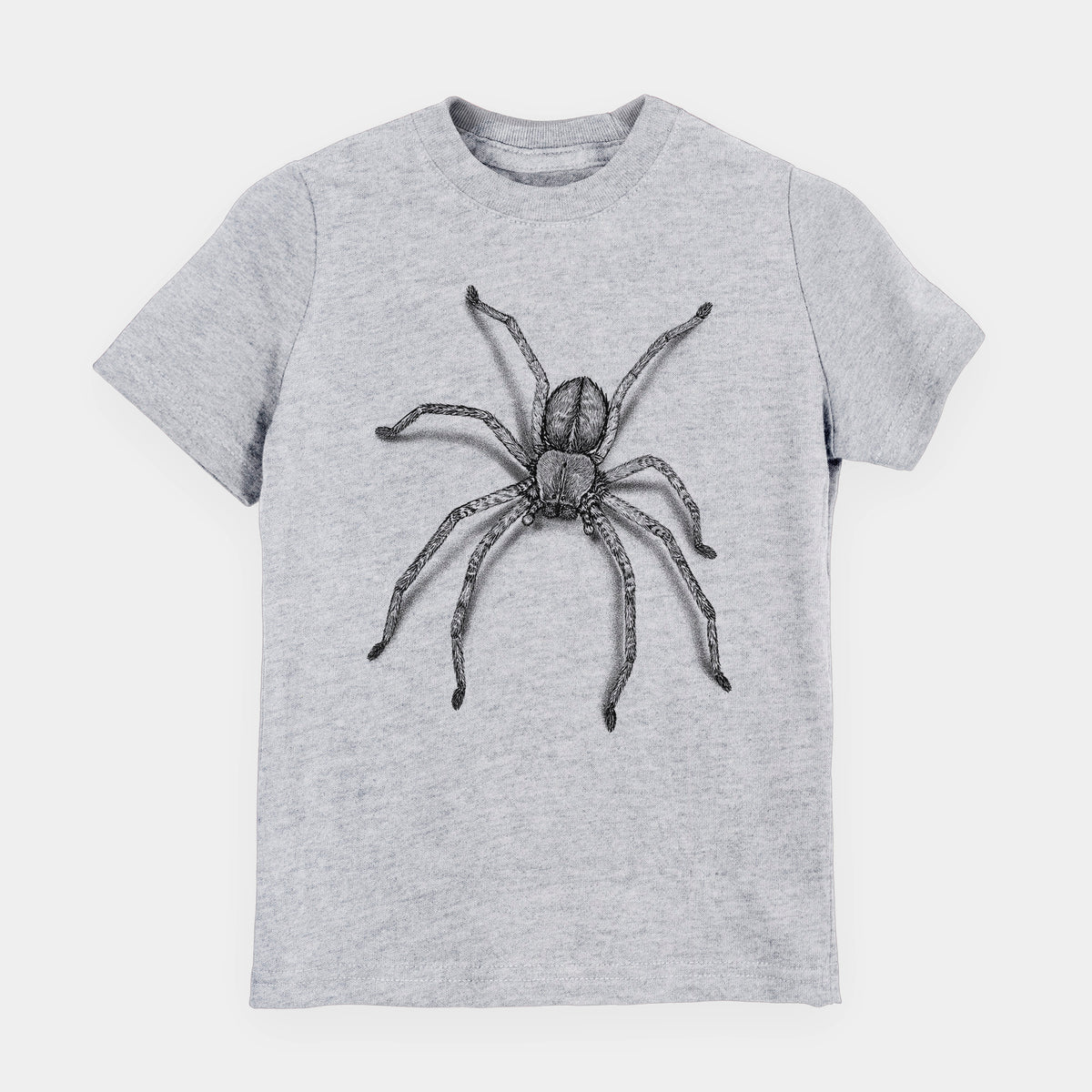 Heather grey youth t-shirt laid flat, printed with a detailed black ink illustration of a huntsman spider with long legs spread.