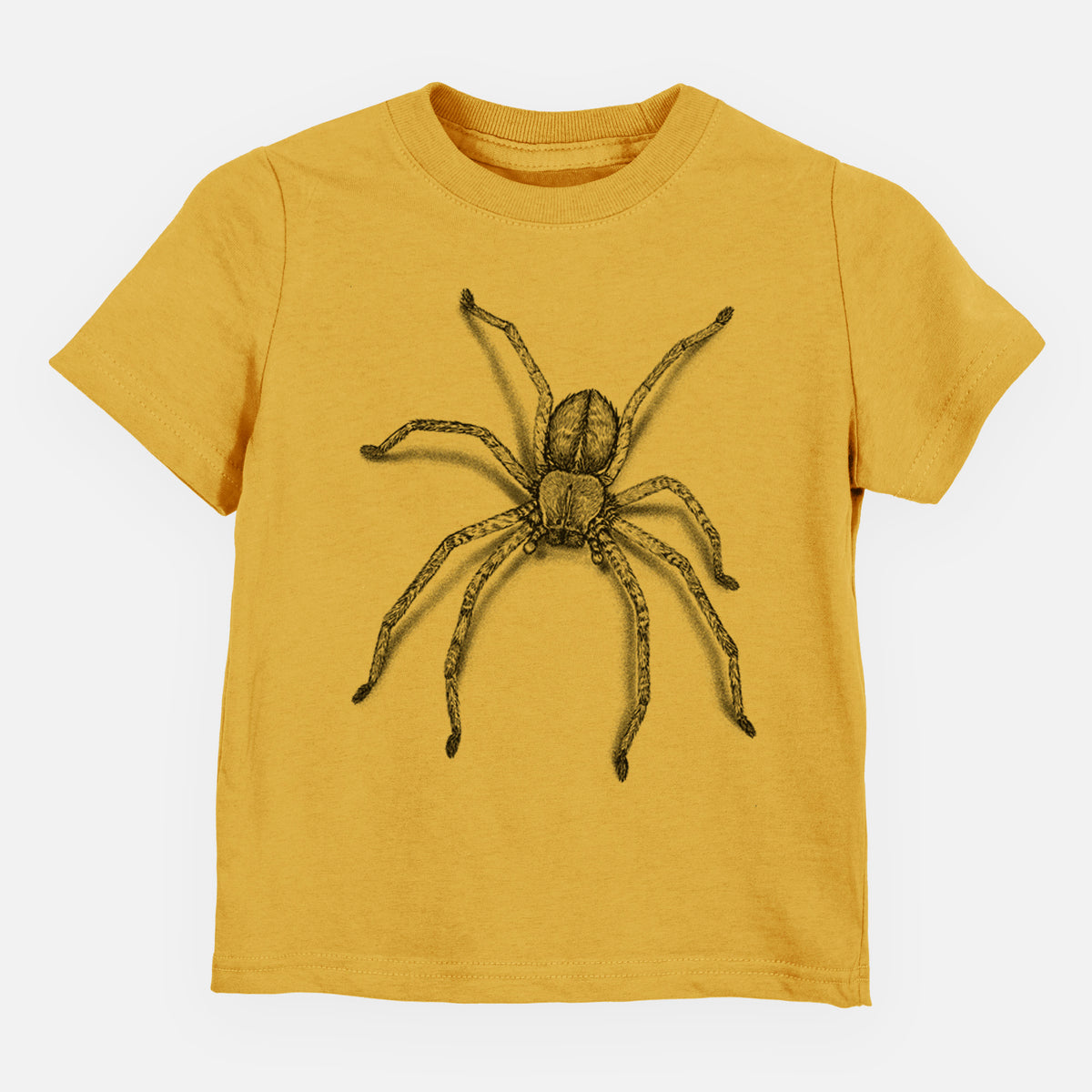 Honeycomb yellow toddler t-shirt laid flat, printed with a detailed black ink illustration of a huntsman spider with long legs spread.