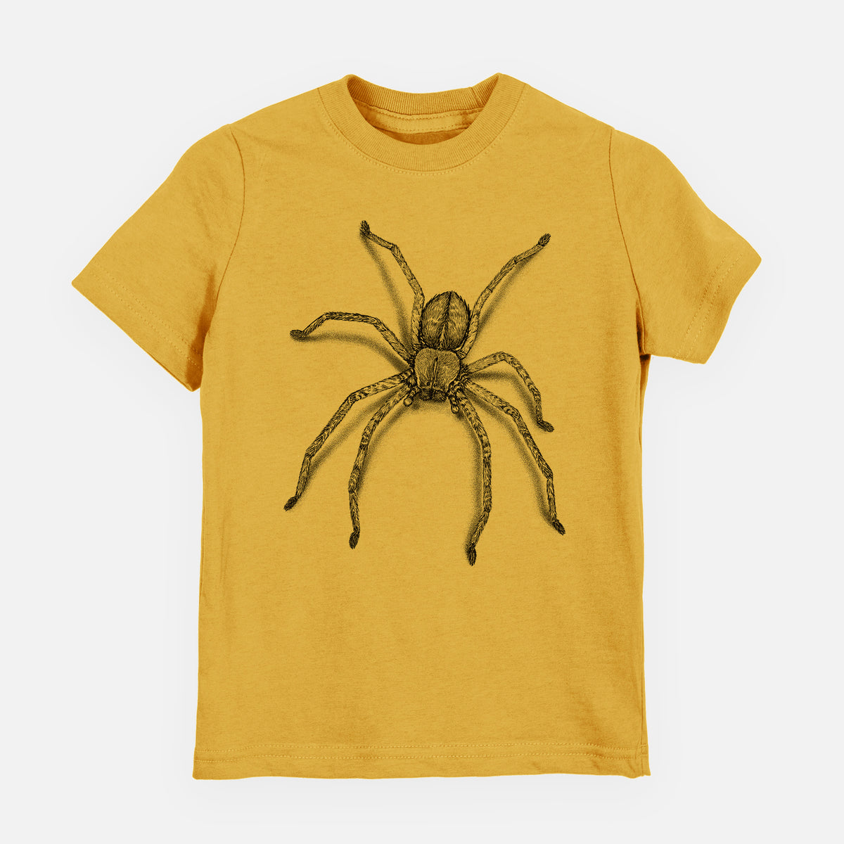 Honeycomb yellow youth t-shirt laid flat, printed with a detailed black ink illustration of a huntsman spider with long legs spread.