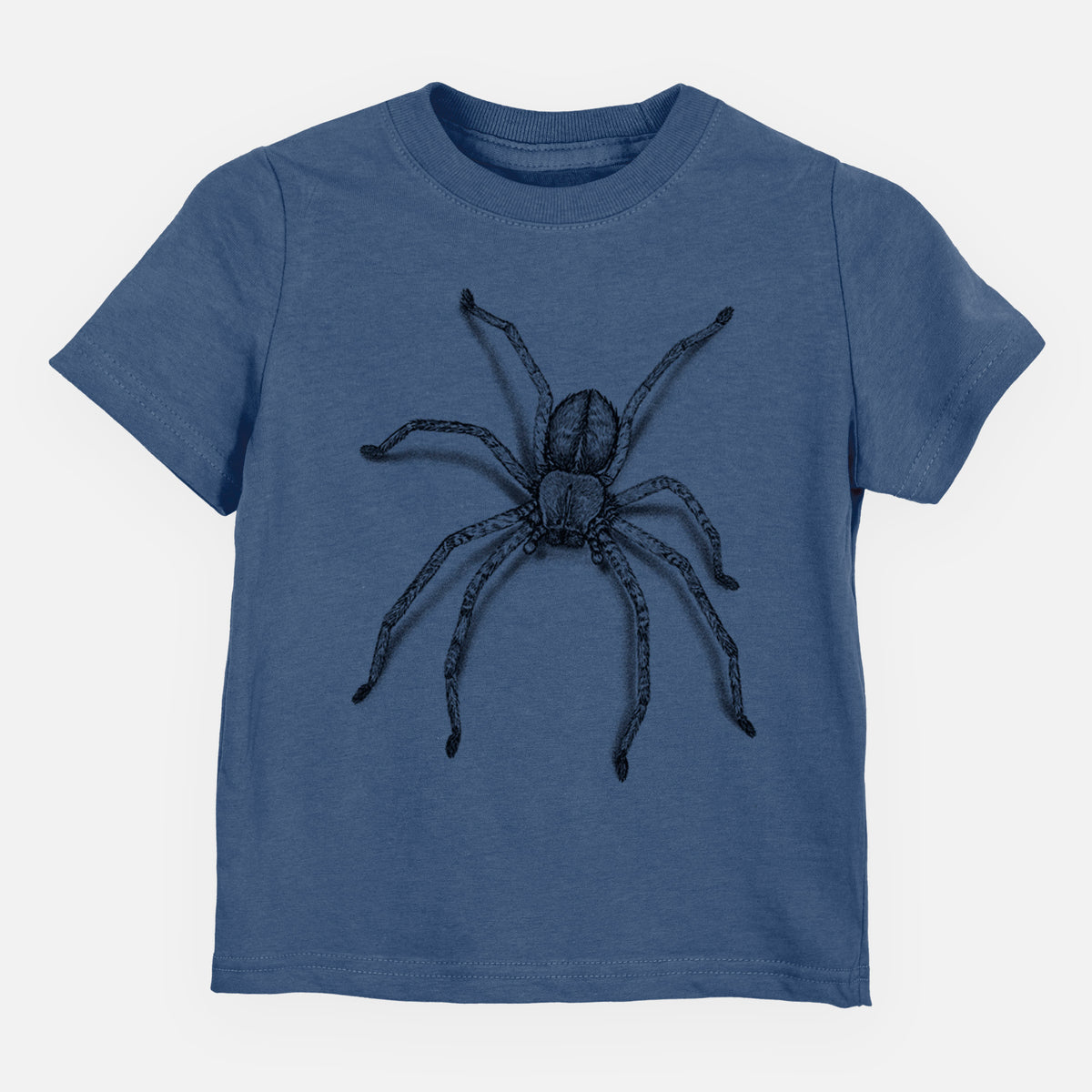 Indigo blue toddler t-shirt laid flat, printed with a detailed black ink illustration of a huntsman spider with long legs spread.